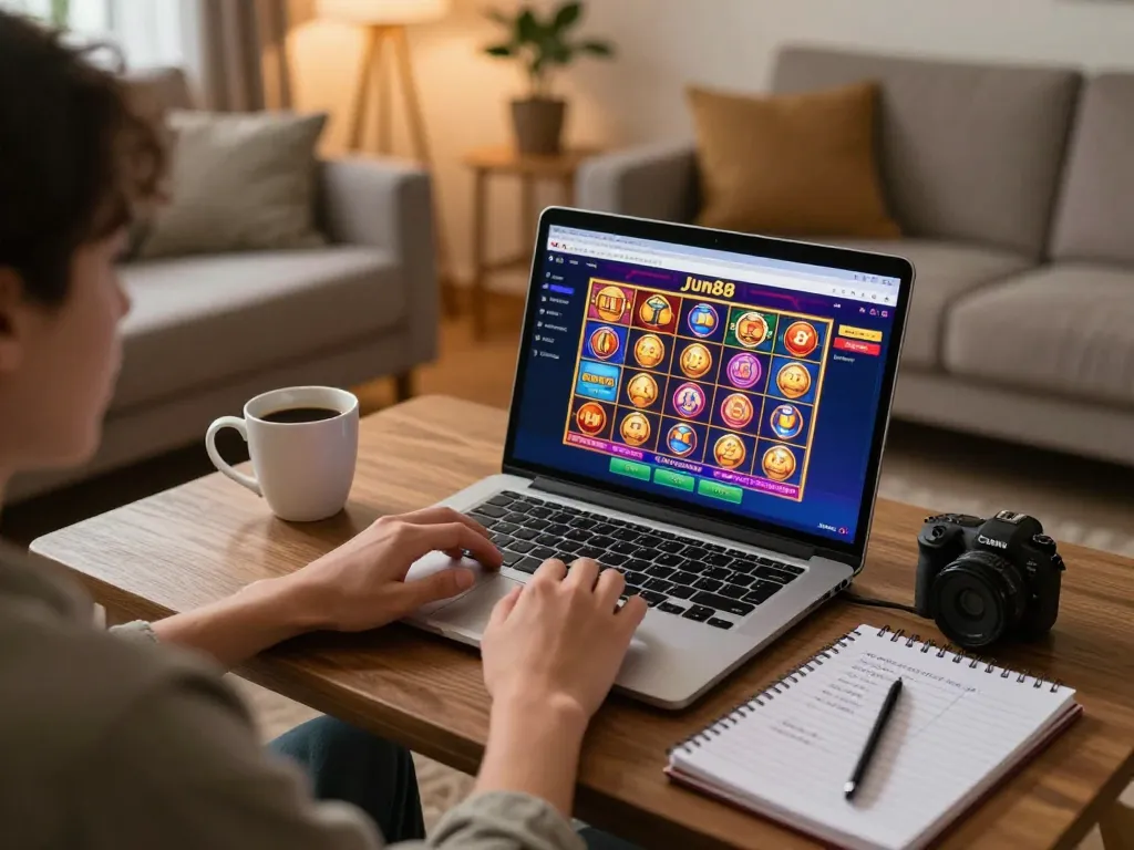 Engaged player using jun88 online casino interface, surrounded by cozy home atmosphere and strategic notes.