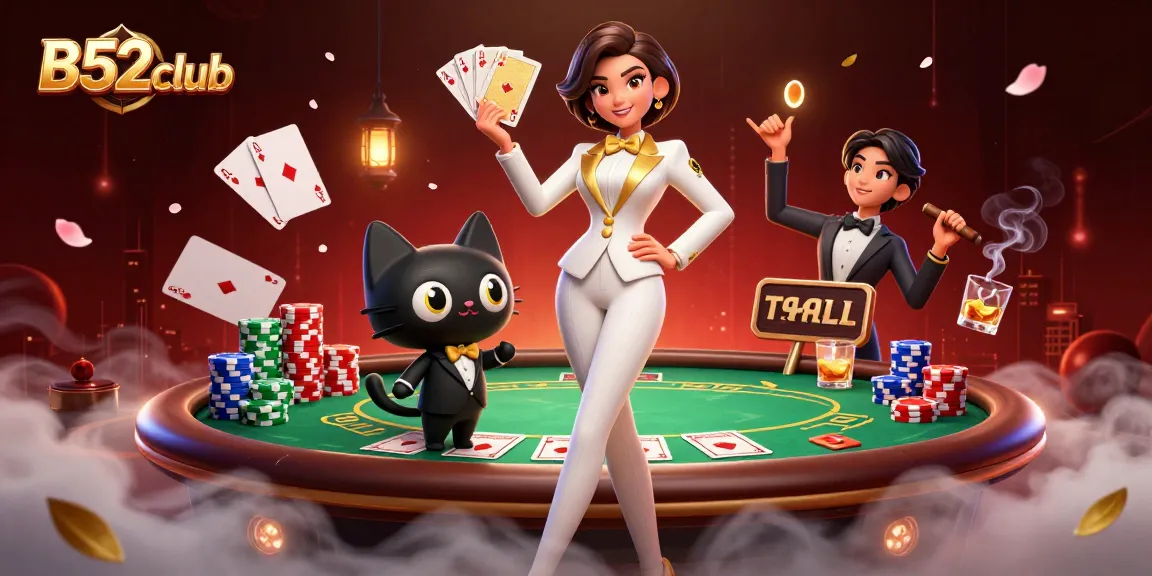 B52club offers a thrilling poker experience, featuring glamorous characters and dynamic chip stacks.