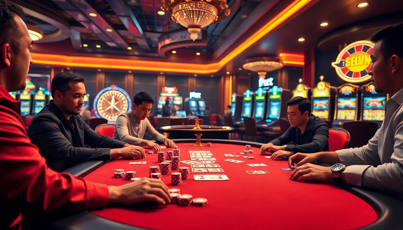 High-stakes poker action at https://f8bet.io/ showcasing vibrant chips and an exciting atmosphere.