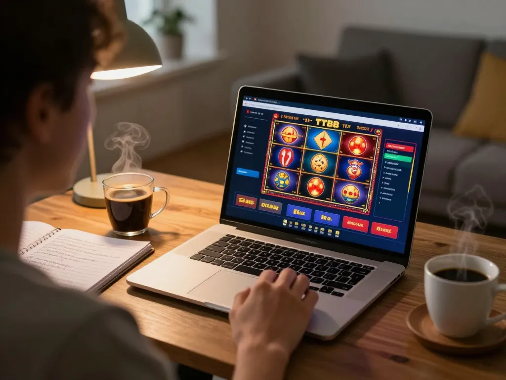 Player enjoying TT88 online casino, focused on vibrant slots and live games at home