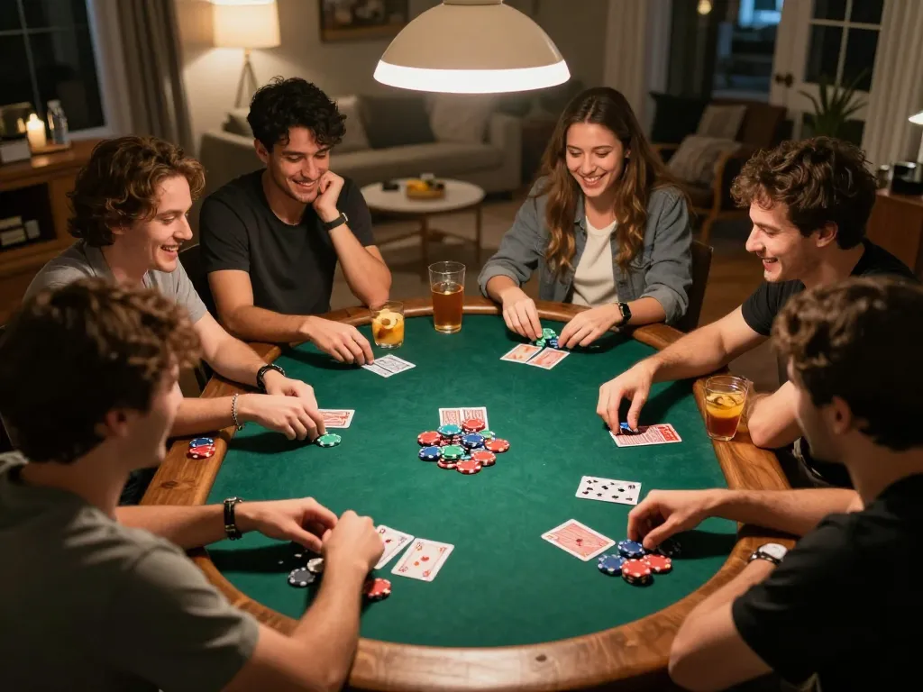 EngAGED players at home playing poker for fun in HIT CLUB environment with colorful chips and cards.