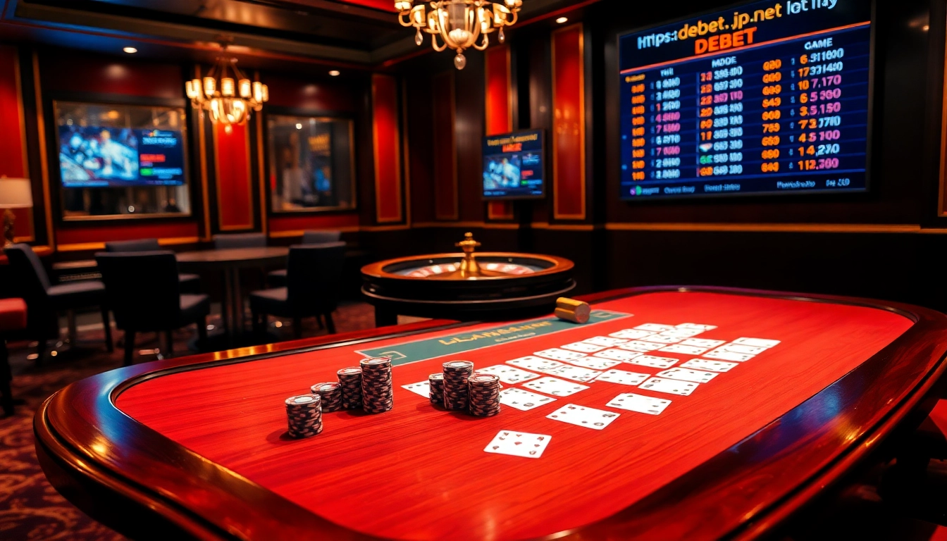 Engage in thrilling gaming options at https://debet.jp.net/ with a dynamic poker table scene showcasing vibrant chips and cards.