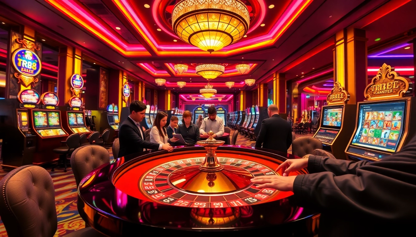 Experience the thrill of TR88 with gamblers engaged at a vibrant casino, showcasing excitement and luxury.