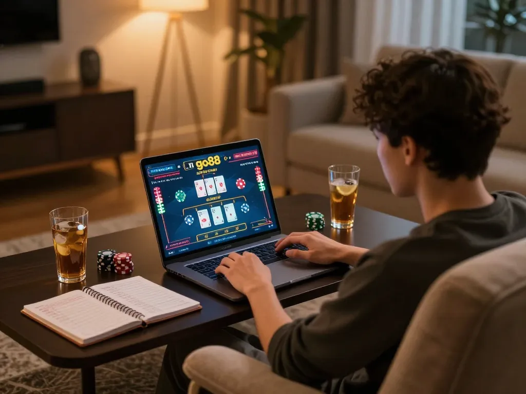 Engaged player enjoying a live casino game on go88 in a cozy home setting, highlighting strategic gameplay.