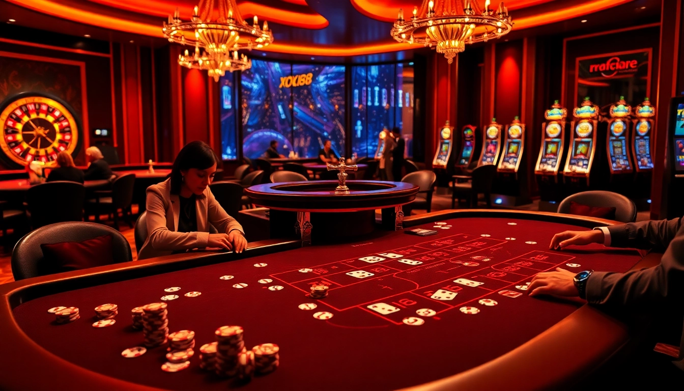 Engage in thrilling baccarat gameplay at XX88's luxurious casino table, with vibrant chips and cards.
