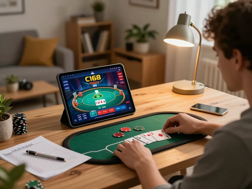 C168 Casino gameplay reflected on a tablet screen, showcasing exciting poker action in a cozy home setting.