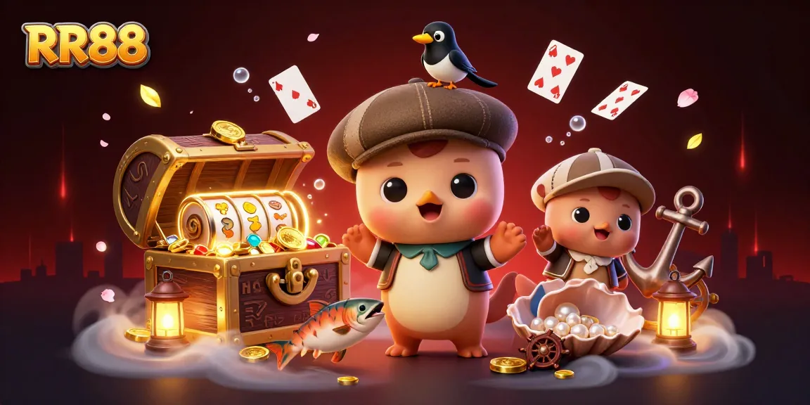 Engage with RR88's thrilling casino experience featuring playful characters amid gold treasures and vibrant gaming elements.