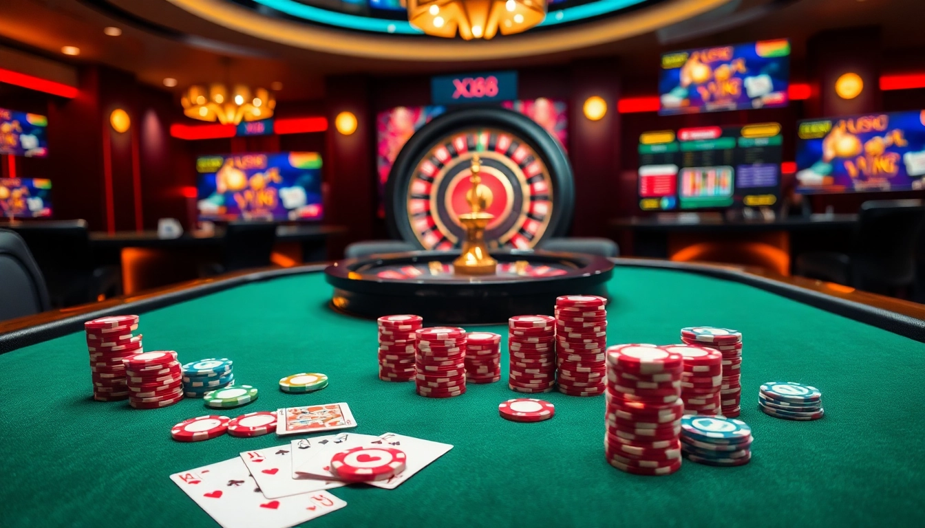 Gamblers enjoy high-stakes poker at XX88's luxurious casino table, filled with excitement.