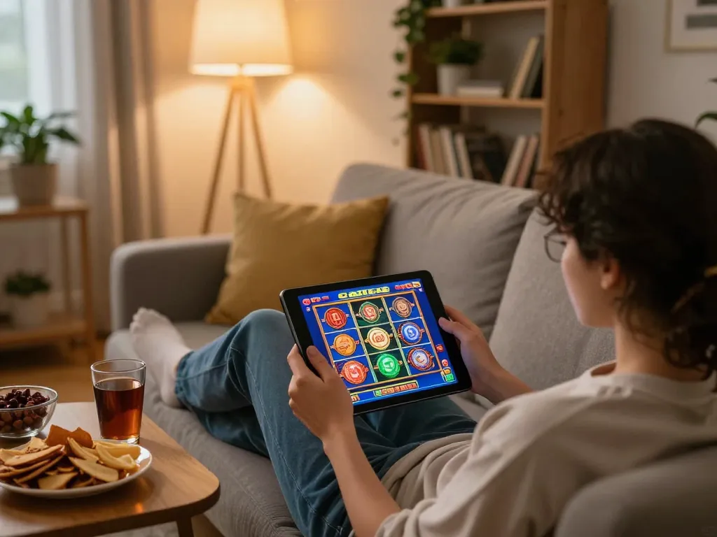 Engaging in online slot gaming with ONE88 on a tablet in a cozy living room