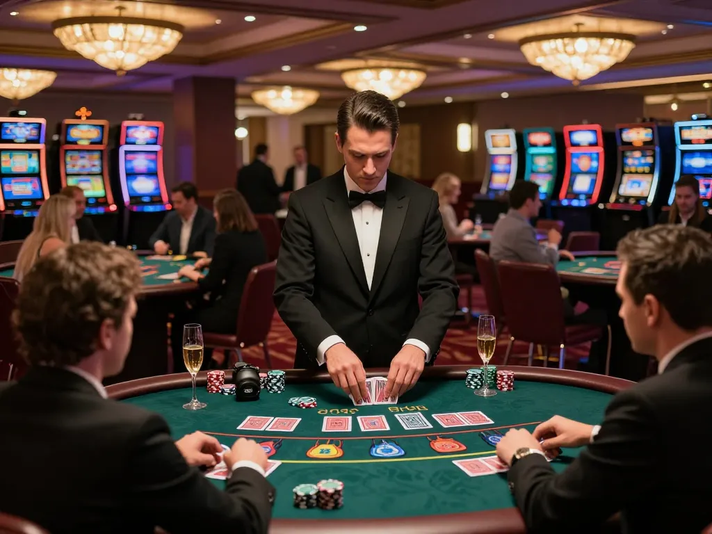 Players enjoying blackjack at five88a casino, focusing on dealer skills and engaging gameplay.