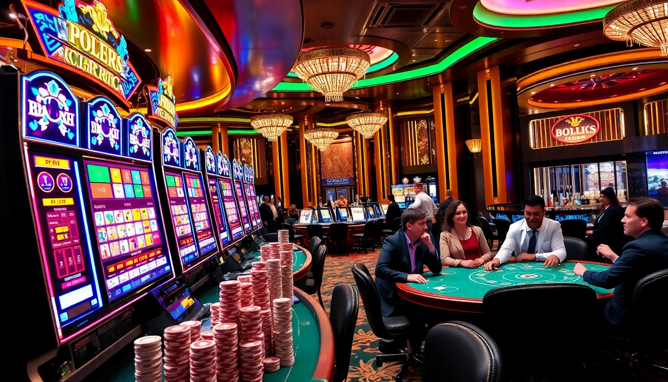 Engage in thrilling gaming at lodetructuyen, featuring vibrant slot machines and poker tables.