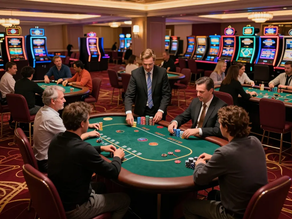 A lively casino floor scene at GG88.COM showcasing poker games in action with engaged players and professional dealers