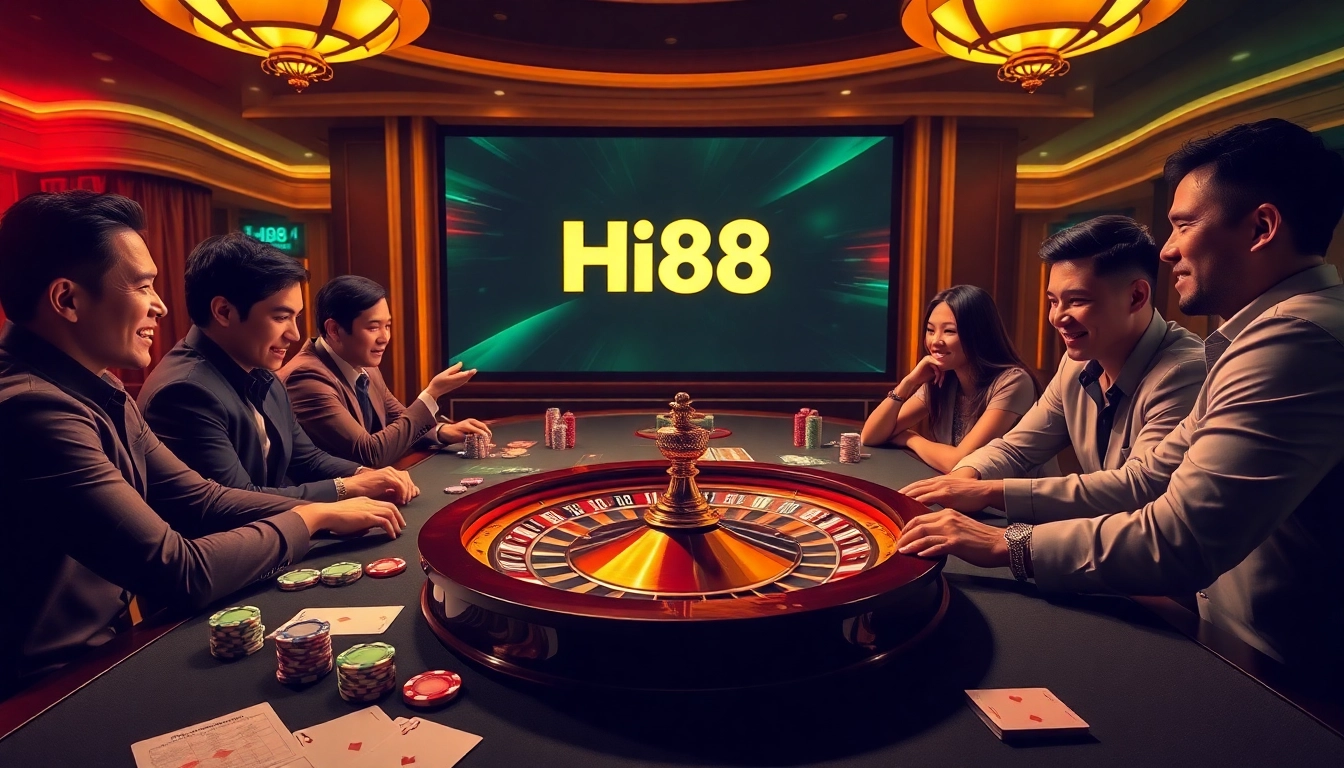Players experience the thrill of Hi88 Casino, engaging in poker while surrounded by vibrant gaming elements.