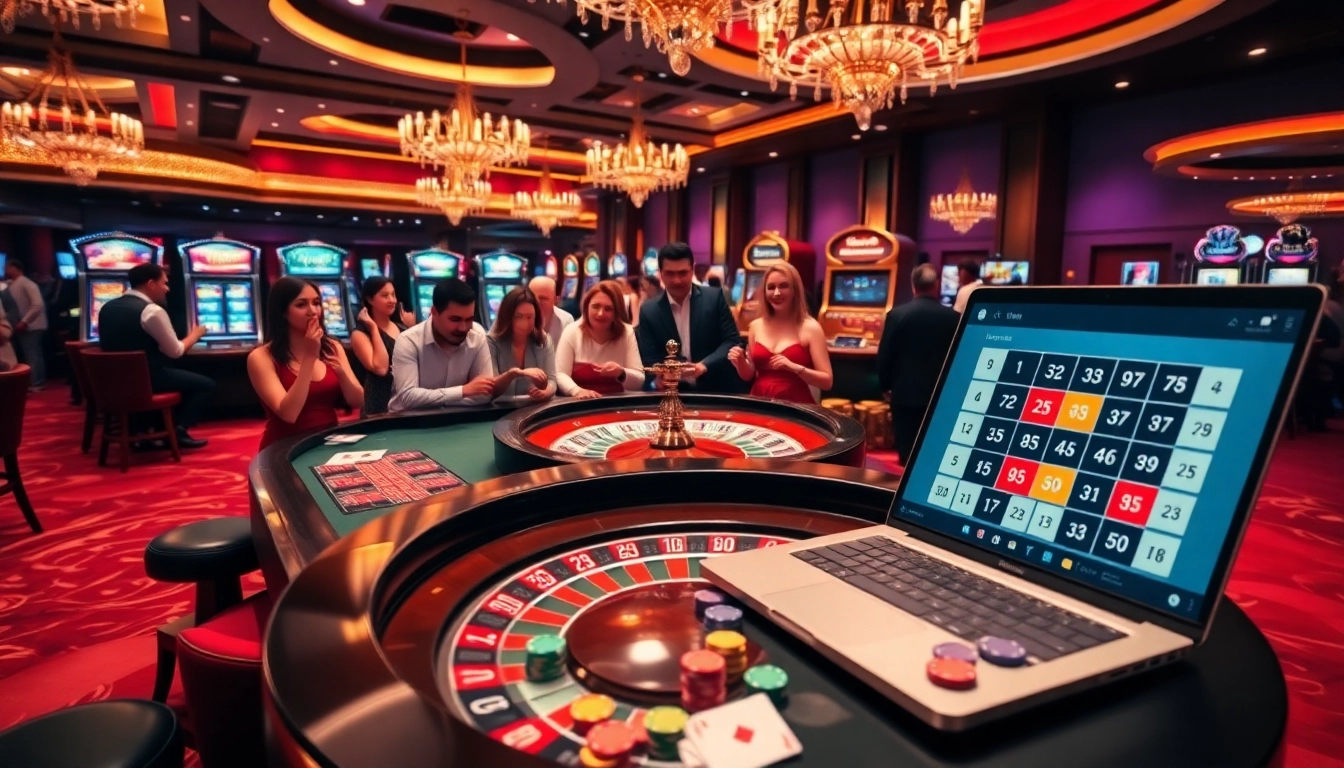 Engaged players enjoying a casino atmosphere at https://1mm888.com/ with vibrant roulette and slot machines.
