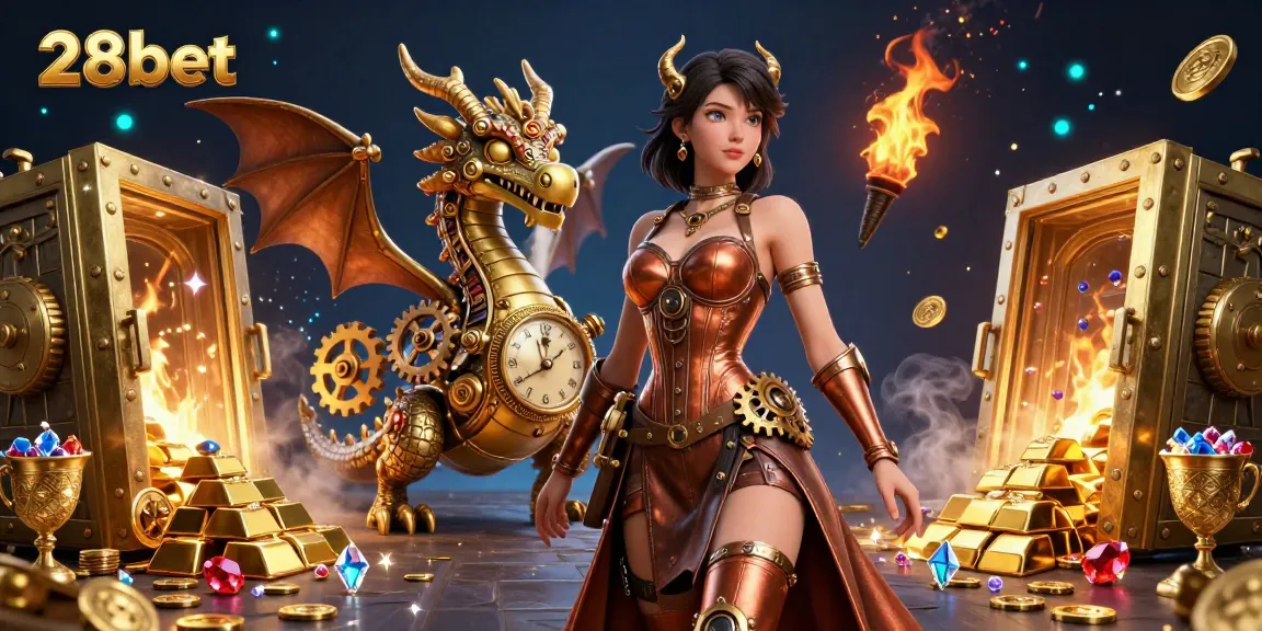 Experience thrilling gameplay with 28bet as a stunning steampunk woman and clockwork dragon explore a treasure-filled world.