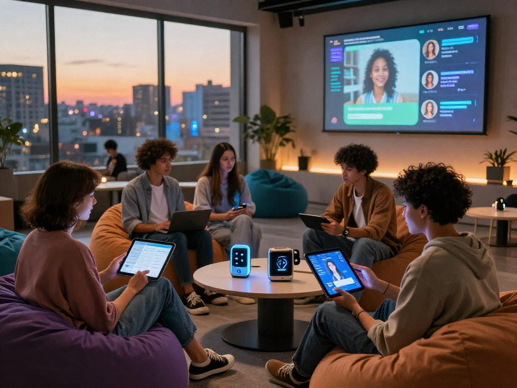 AI girlfriend app showcased in a cozy digital lounge setting with diverse friends connecting.