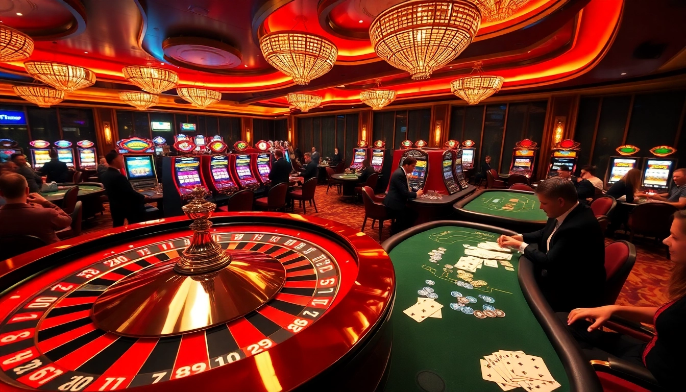 Experience the excitement of gambling with VIPWIN's luxurious casino setting featuring roulette wheels and poker tables.