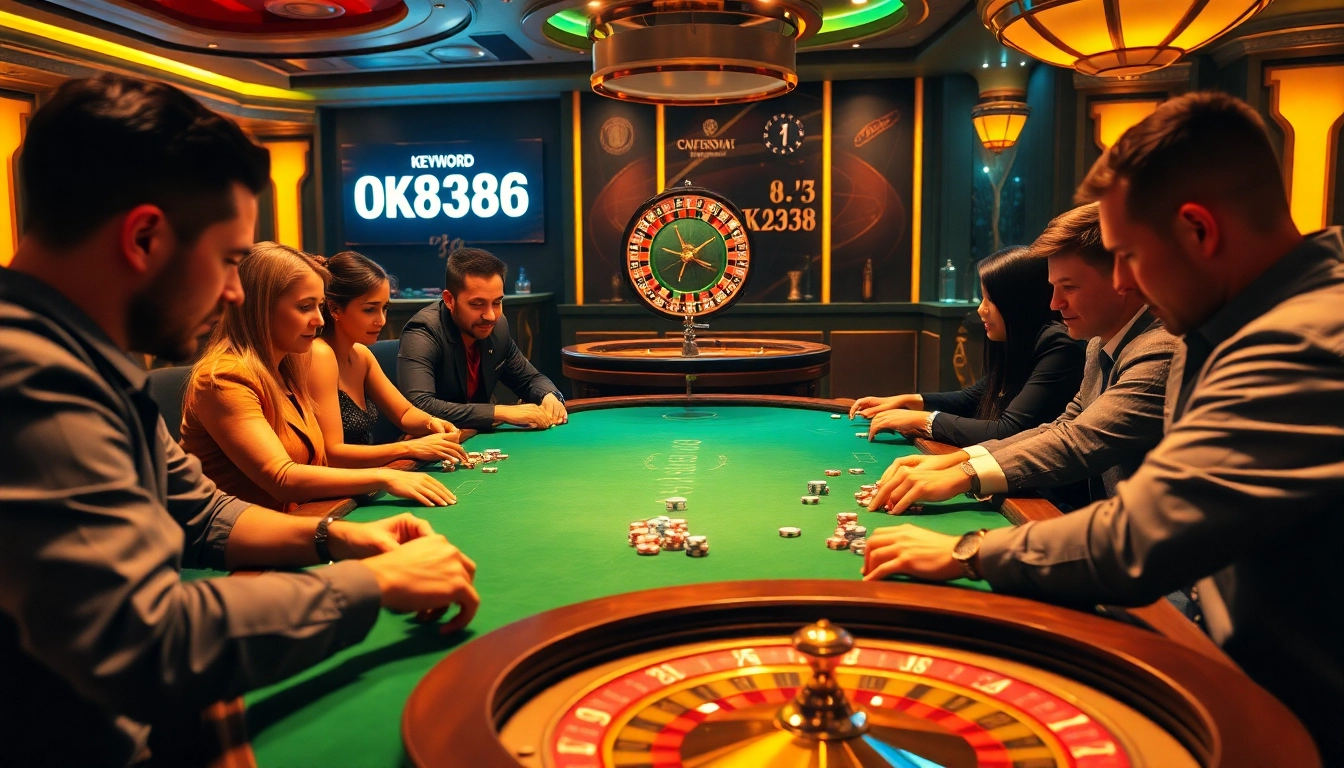 Intense poker game at a casino table featuring OK8386 branded chips, showcasing excitement and luxury.