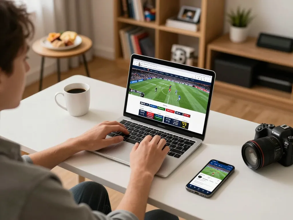 Engaging in kèo nhà cái betting with a modern setup, showcasing laptop and smartphone in cozy home environment