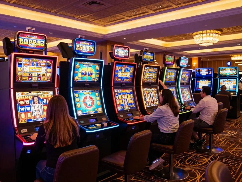 Players celebrating wins at vibrant 789win slot machines in an upscale casino atmosphere.