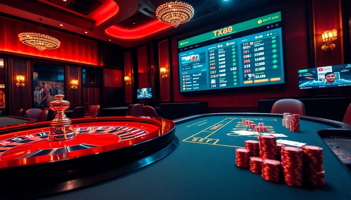 TX88 platform featuring an exciting roulette wheel and poker table for online gambling.