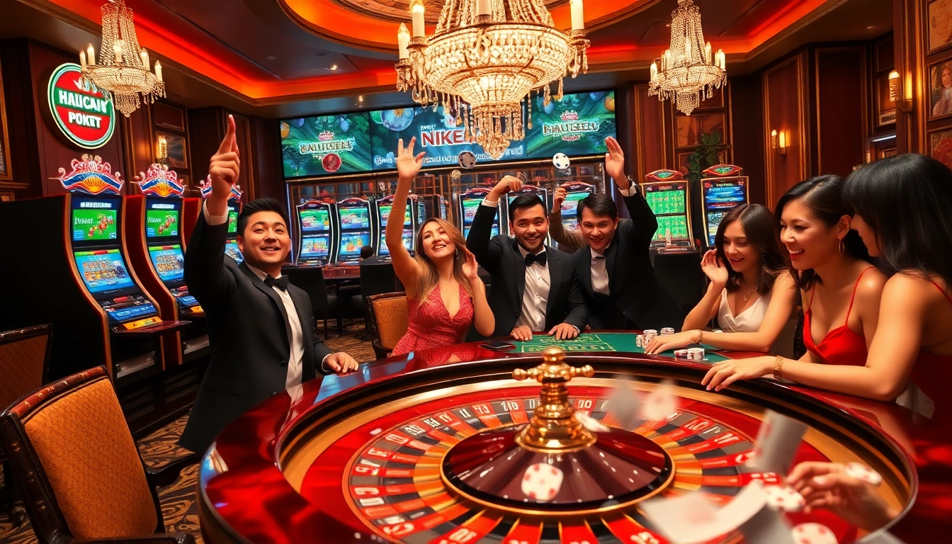 Experience the thrill of winning at https://n188.bid/ with joyful gamblers at a luxurious casino table.