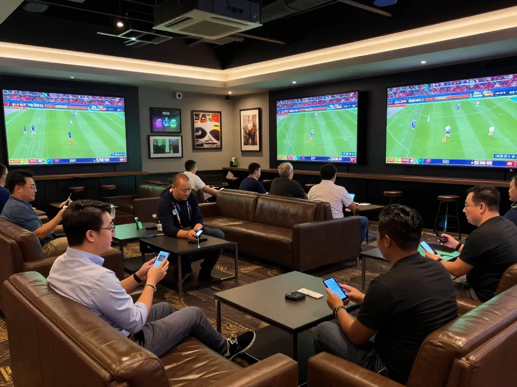 78win bettors engaging with live sports screens in a vibrant, upscale betting lounge.