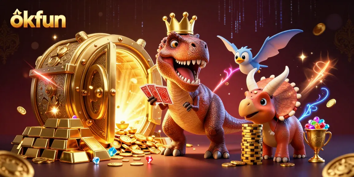 Engage with okfun's thrilling games amidst vibrant card shuffling and majestic treasures.