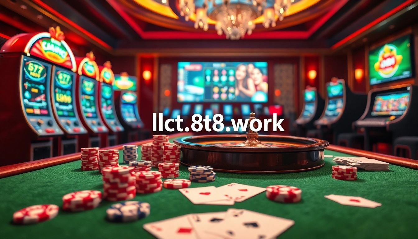 Experience the excitement of gambling with https://lc88.work/ in this vibrant casino scene featuring slot machines, poker chips, and roulette tables.