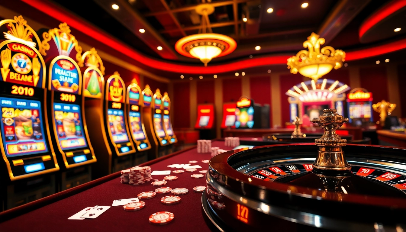 DAGA offers engaging gaming experiences at a luxurious casino table with vibrant slot machines and poker chips.