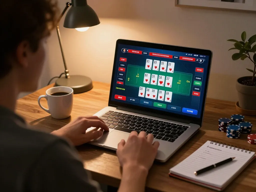 Person engaging in online poker on 78win, showcasing strategic gameplay in a cozy home setting.