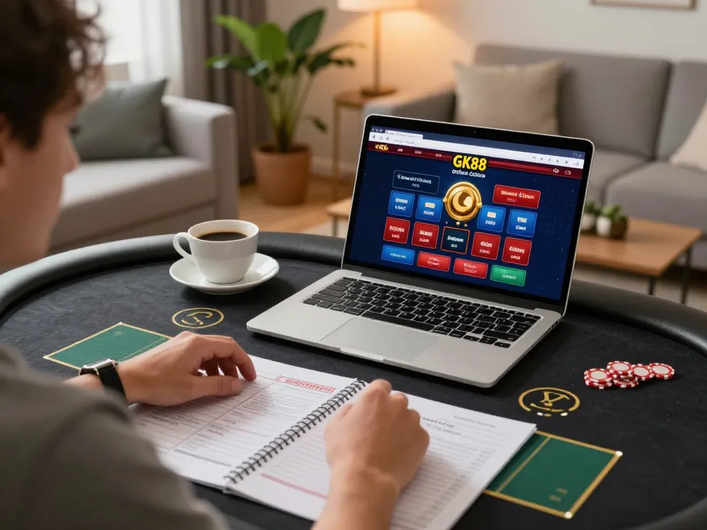 Player engaging with GK88 online casino, showcasing dynamic betting strategy in a cozy home setting.