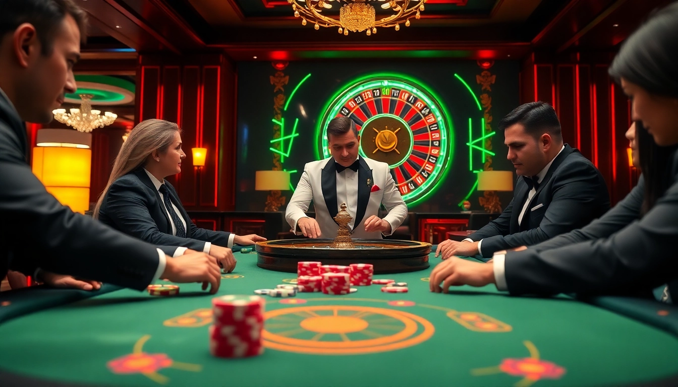 Players experiencing thrilling poker action at KP88's luxurious casino table.