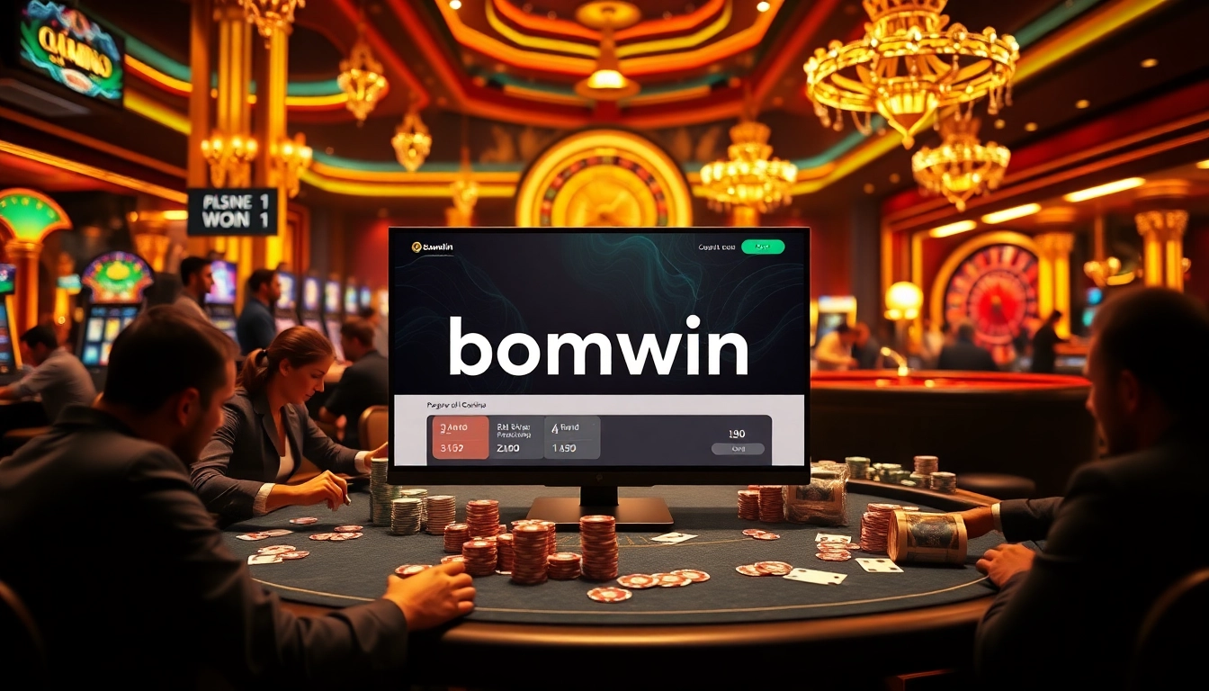 Exciting Casino bomwin scene featuring poker action, roulette wheel, and luxurious gambling atmosphere.