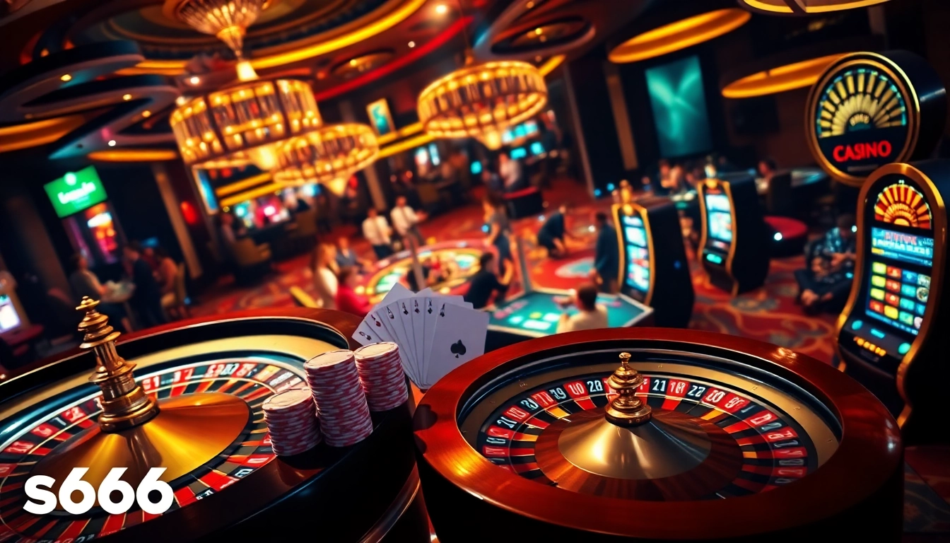 Action-packed gaming scene at s666 casino with players at roulette and poker tables.
