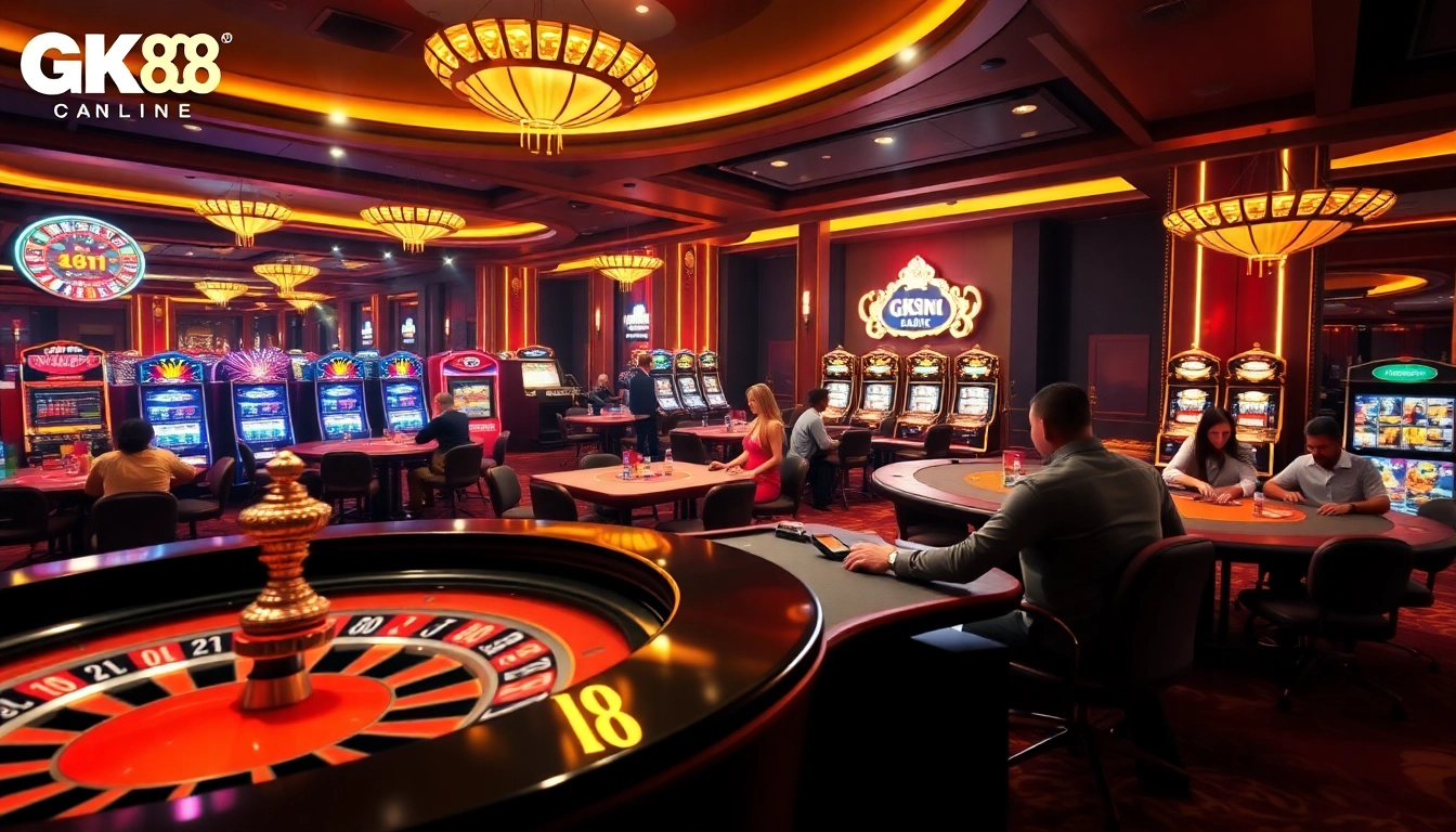 Experience the excitement of GK 88 online gambling with vibrant casino visuals, roulette, and poker.