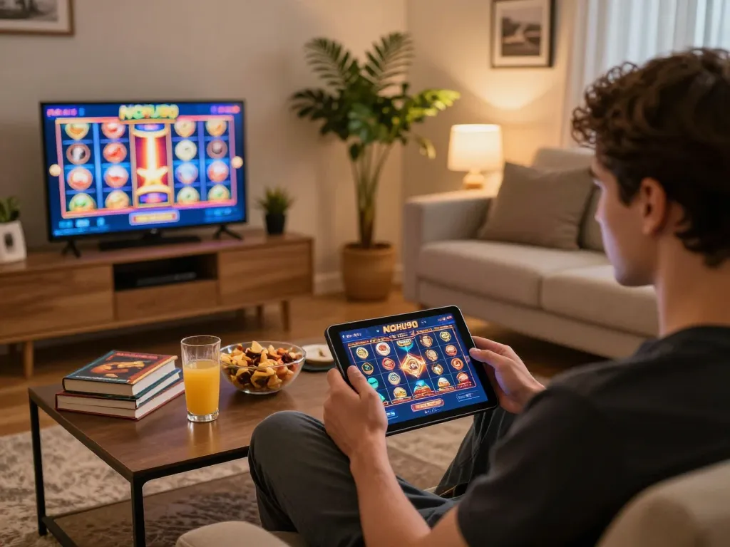 Engaged player using the NOHU90 casino app on a tablet in a cozy home environment, showcasing responsible gaming.