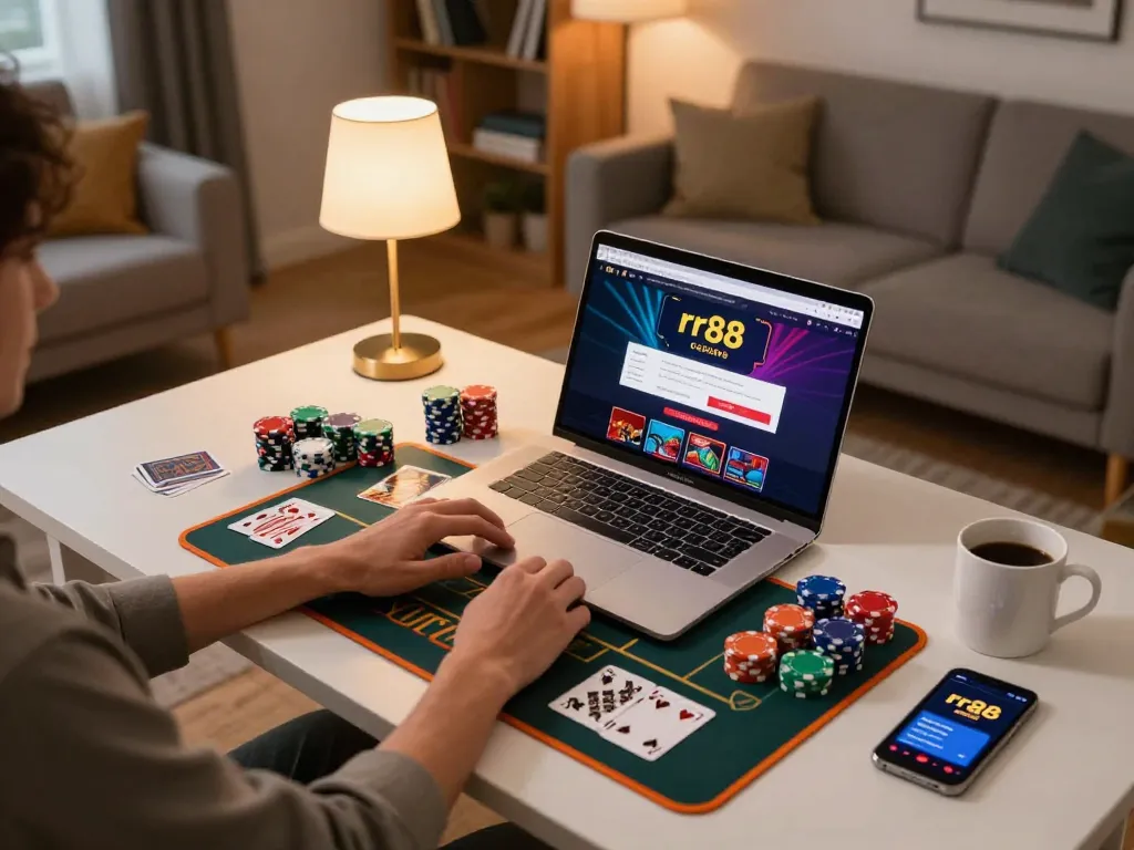 Player engaging with rr88 online casino on a cozy laptop setup with betting chips and cards