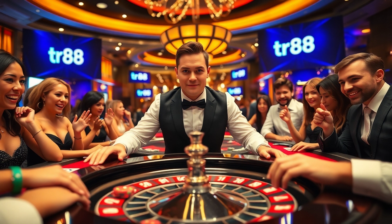 Players experience thrilling poker action at tr88 casino table filled with vibrant chips and cards.