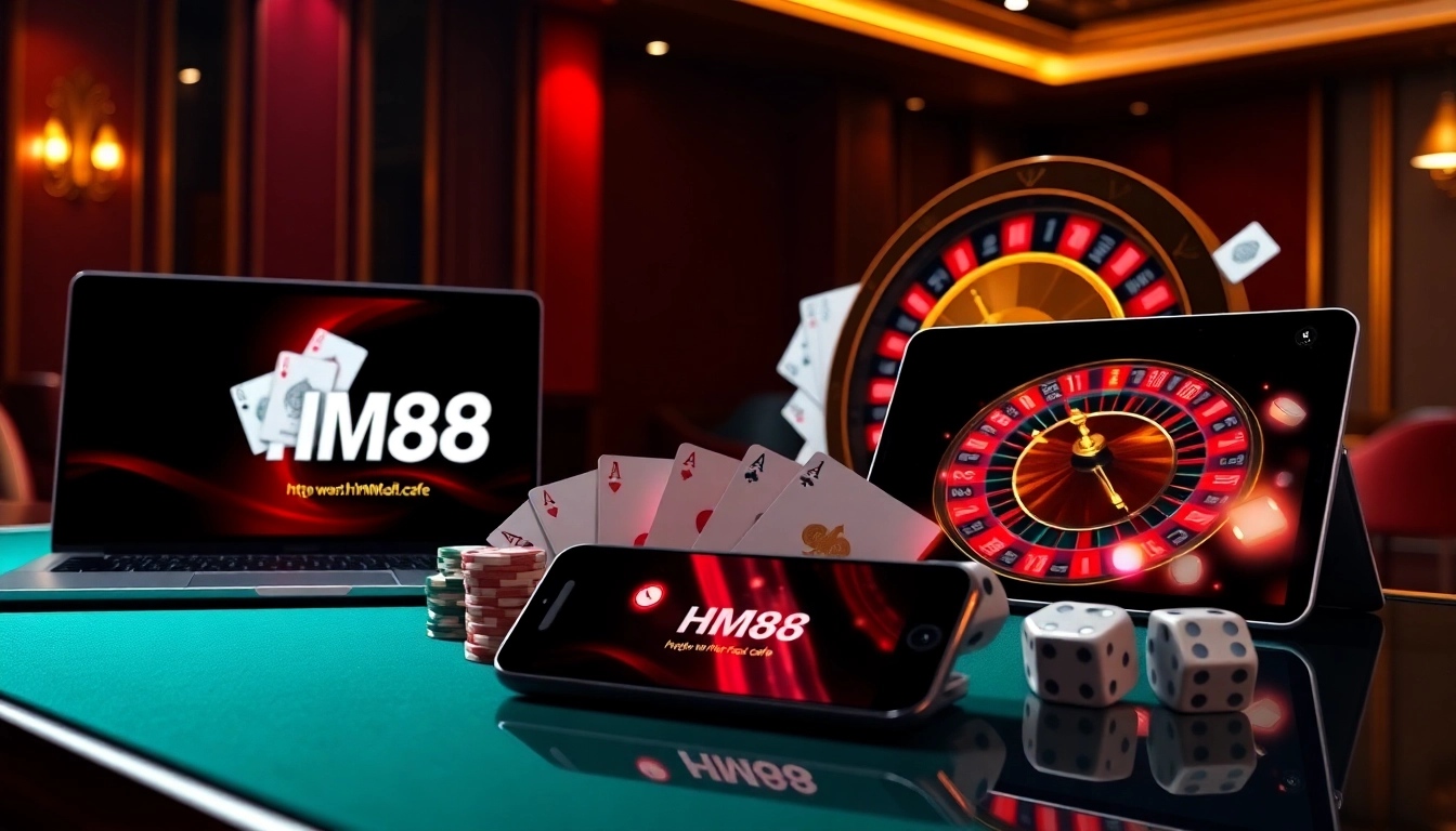 Engaging https://hm88.cafe/ gambling interface showing strategic poker and roulette play with chips and cards