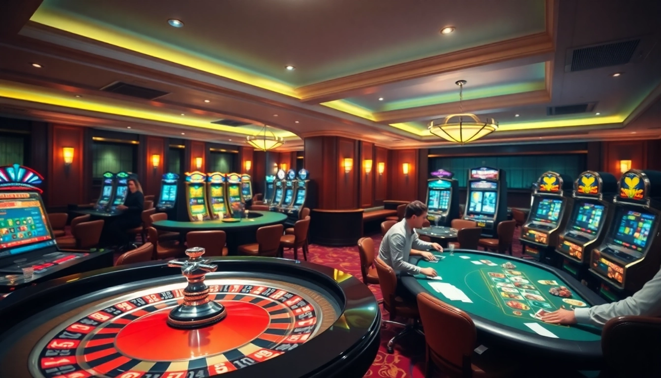 Exciting casino atmosphere showcasing 28BET with roulette, poker tables, and vibrant slot machines.