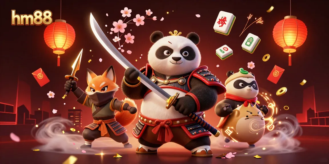 Engage in the thrilling world of hm88, featuring samurai panda and ninja fox amid vibrant casino elements.