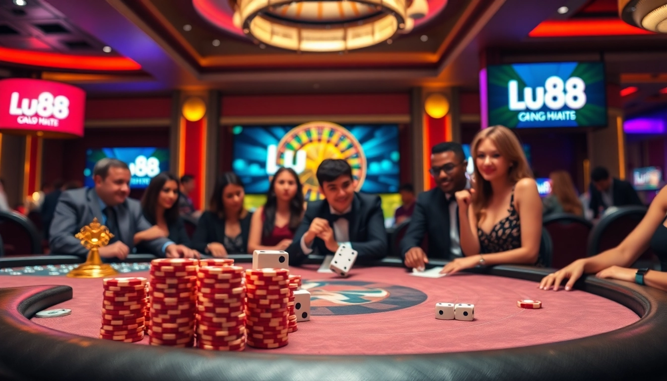 Lu88 poker table filled with action, showcasing chips and a roulette wheel in a luxurious casino setting.