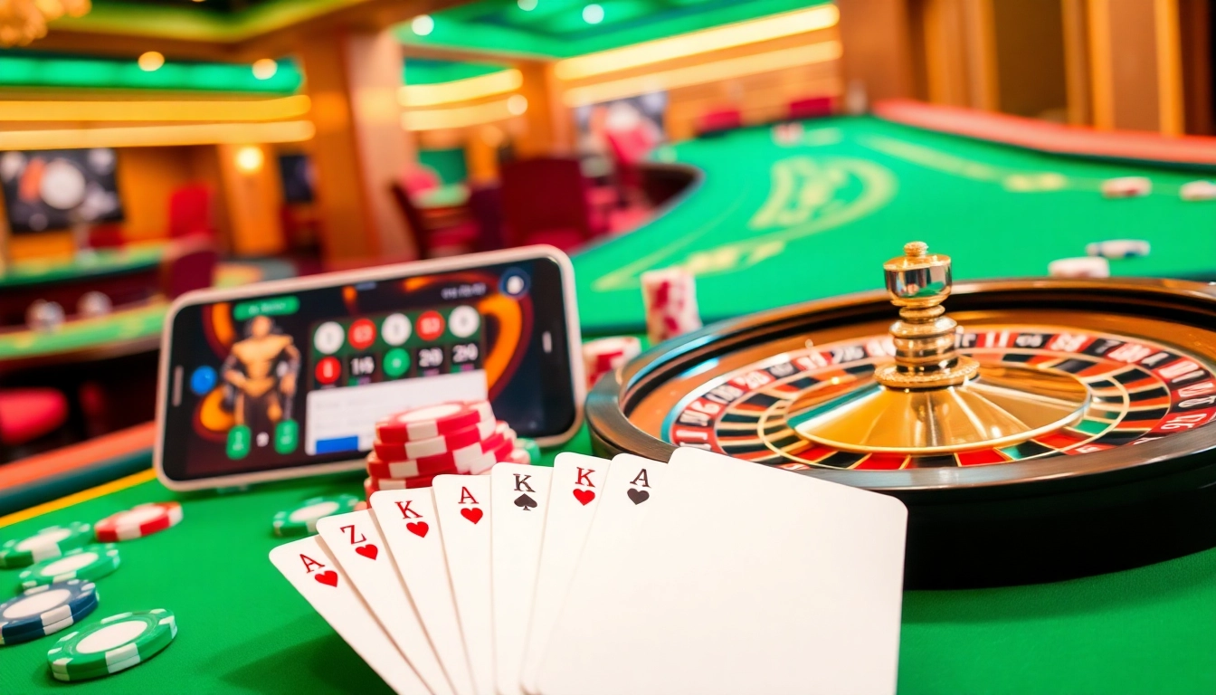 Tải App Nhà Cái 68VIP on a mobile device with vibrant casino elements and professional ambiance.