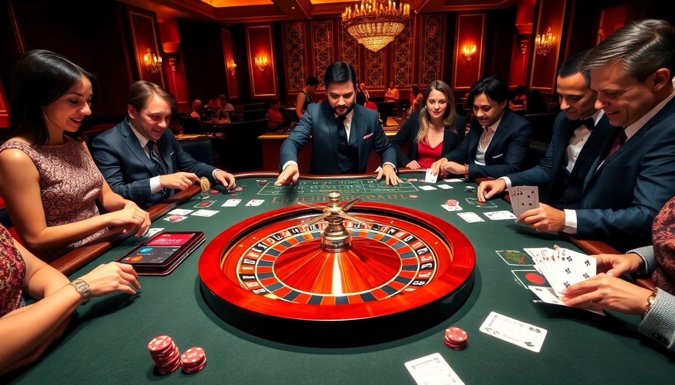 32WIN casino table with roulette wheel and enthusiastic players enjoying gambling.