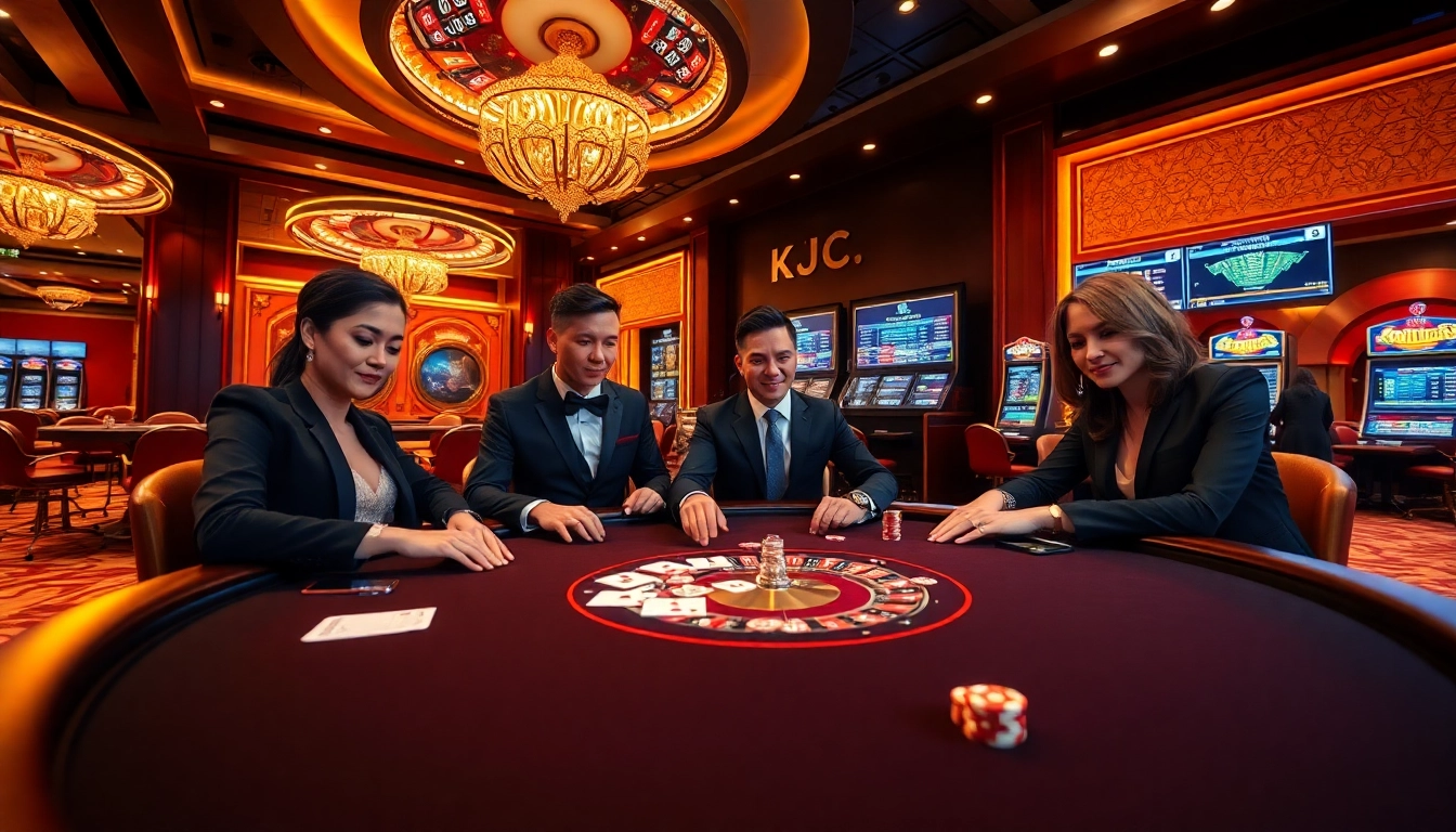 KJC players strategically placing bets at a glamorous casino poker table.