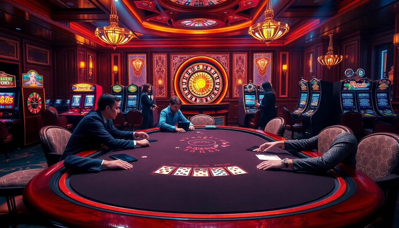 Engage in thrilling games with Đăng Ký Nhà Cái 68VIP at an elegant casino atmosphere showcasing poker tables and slot machines.