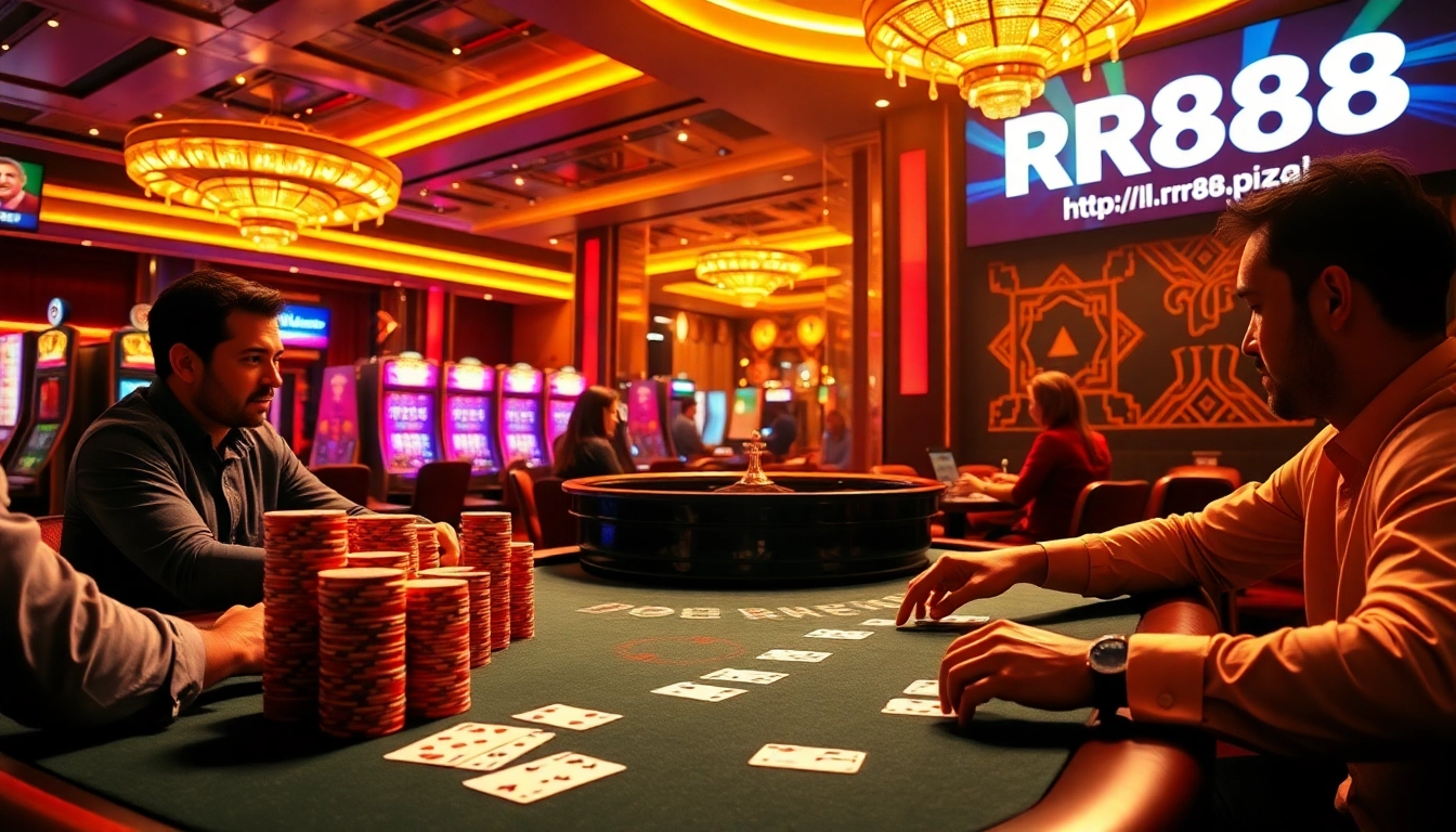 Players enjoying a thrilling poker game at RR88, accessed via https://rr88.pizza/, surrounded by vibrant casino visuals.