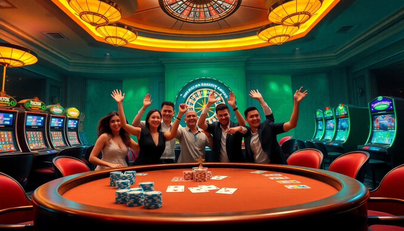 Players enjoying a thrilling gaming experience at 8kbet, surrounded by colorful slot machines and poker tables.
