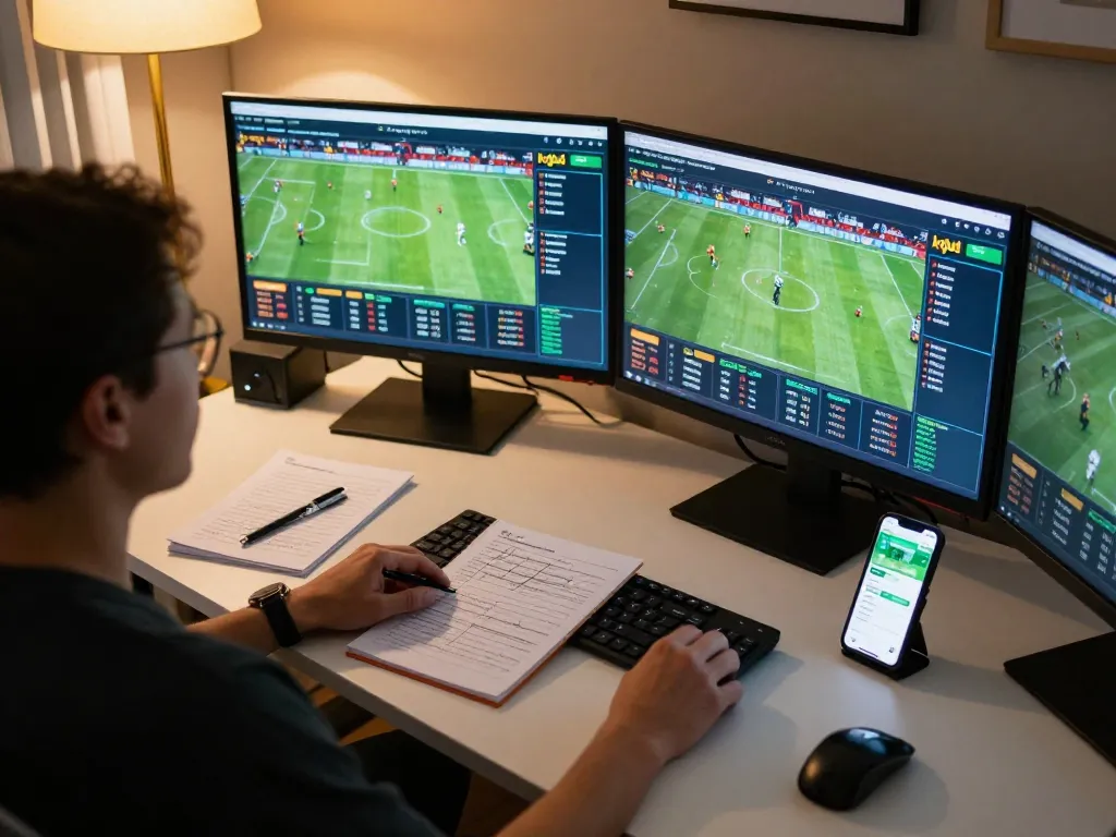 Engaging sports betting scene on kqbd with multiple screens displaying live matches and betting strategies.